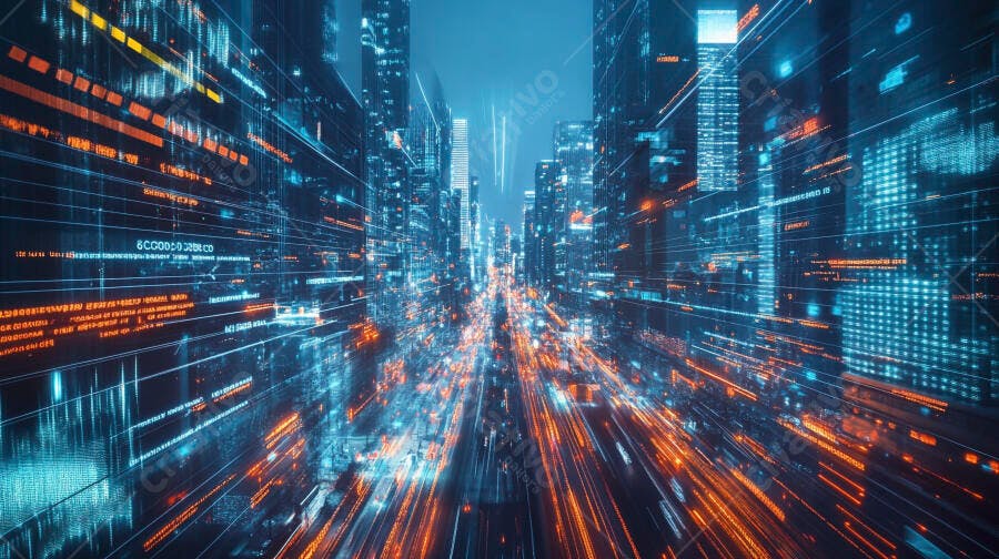 Metrópole digital futurista com dados em movimento azul e laranja