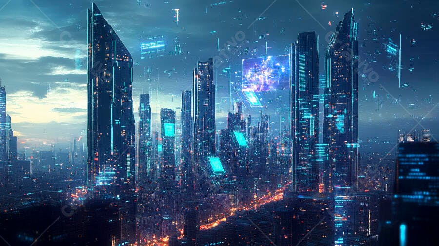 Cidade futurista noturna com arranha-céus iluminados e projeções digitais