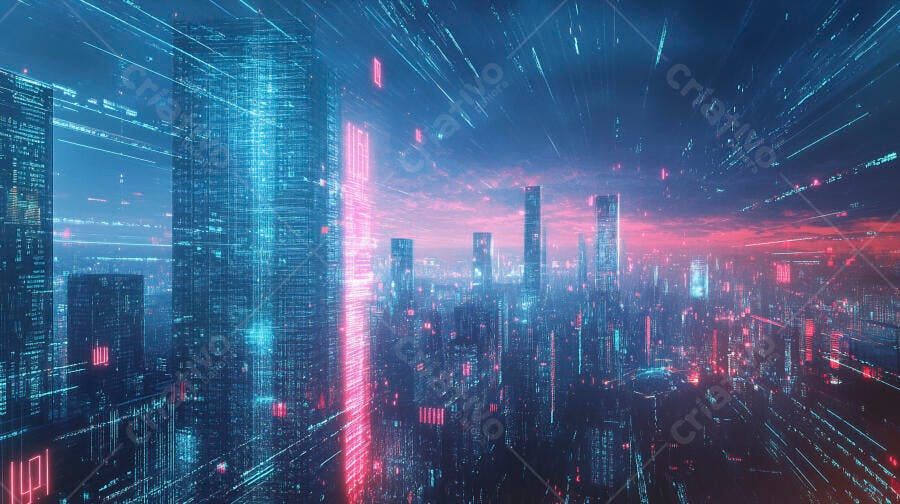 Cidade futurista com arranha-céus iluminados em neon azul e rosa digital