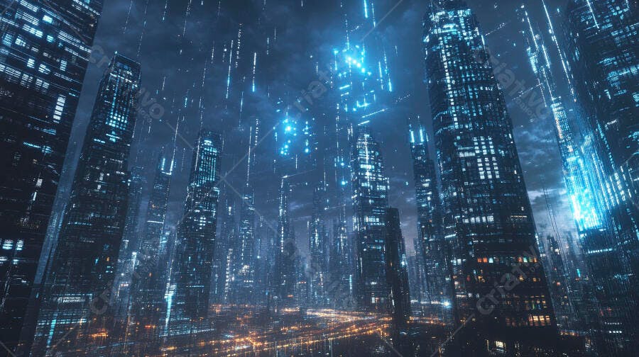Cidade futurista iluminada por luzes azuis e dados digitais