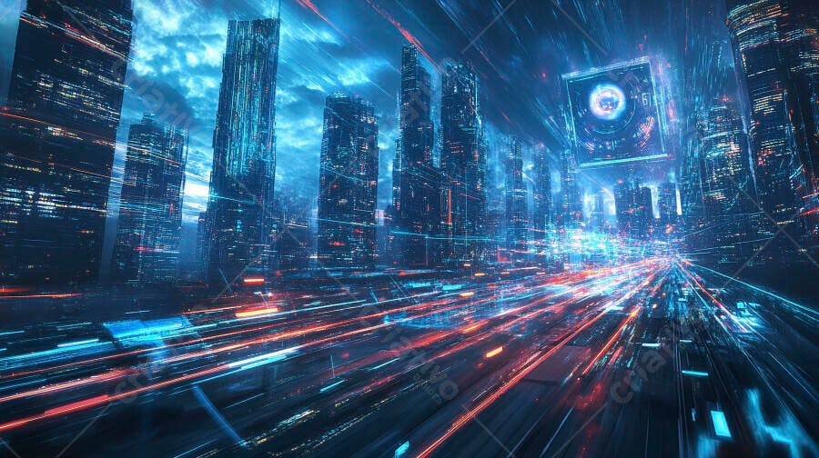 Cidade futurista com avenidas de luzes digitais e arranha-céus iluminados azul neon