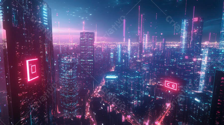Metrópole cyberpunk noturna com arranha-céus e luzes neon azul rosa