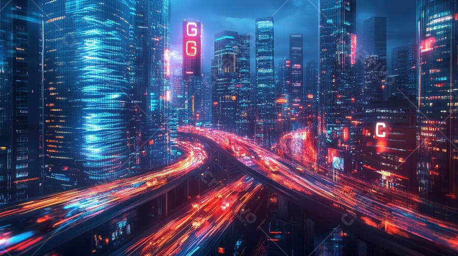 Cidade futurista com arranha-céus e rodovias de luzes neon vibrantes à noite