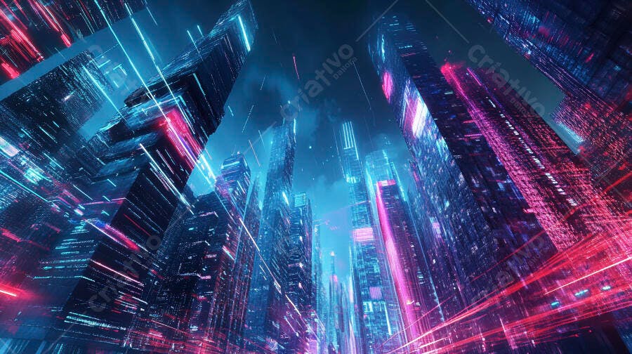 Cidade futurista com arranha-céus iluminados neon azul e rosa à noite