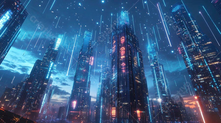 Arranha-céus futuristas com luzes digitais azuis e fluxos de dados na cidade noturna