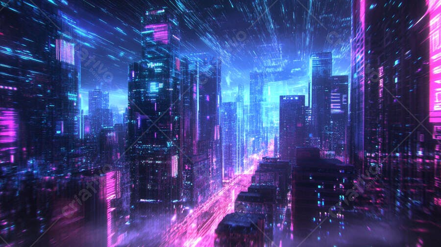 Cidade futurista neon azul e rosa arranha-céus e fluxos de dados cibernéticos