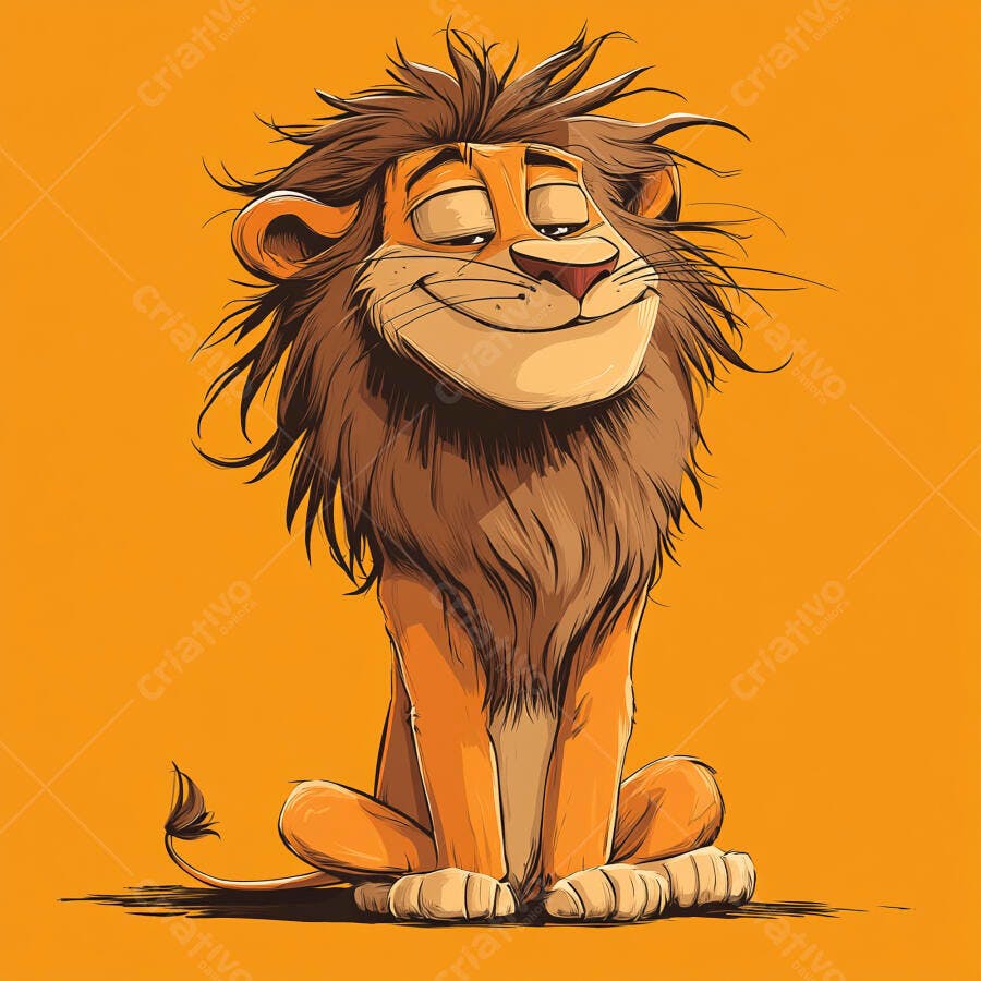 Leão fofo de desenho animado sentado sorrindo em fundo laranja