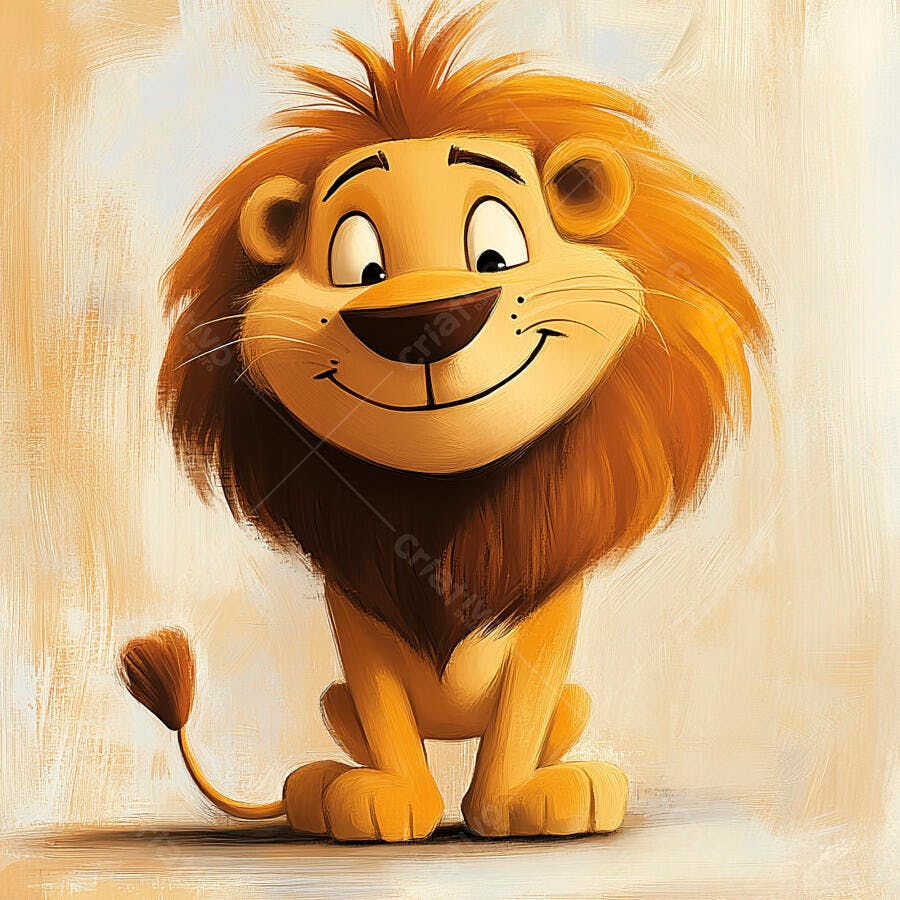 Leão cartoon feliz sorrindo com juba laranja em fundo neutro