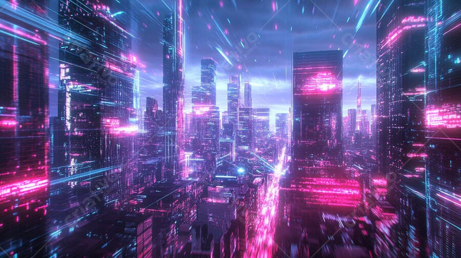 Cidade futurista cyberpunk com luzes neon rosa e azul à noite