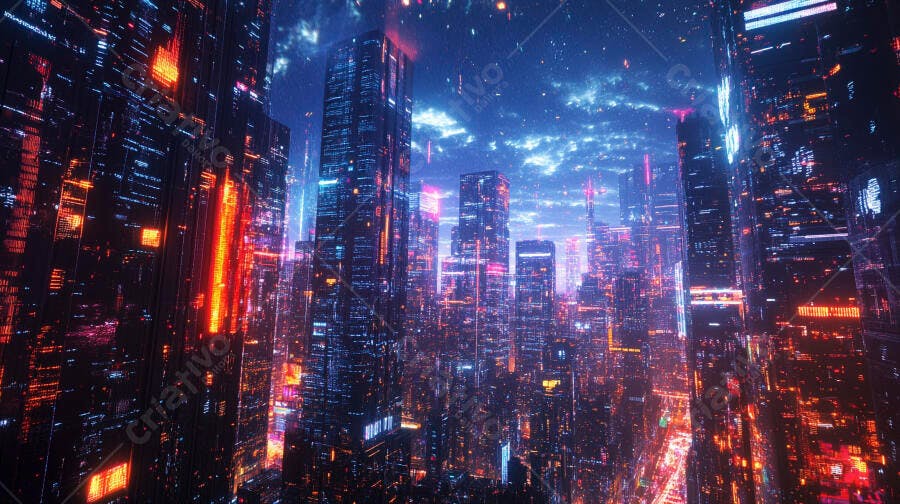 Cidade futurista neon com arranha-céus azuis e laranjas à noite