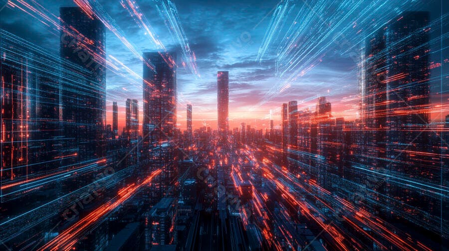 Cidade futurista metrópole digital com linhas de dados em azul e laranja ao entardecer
