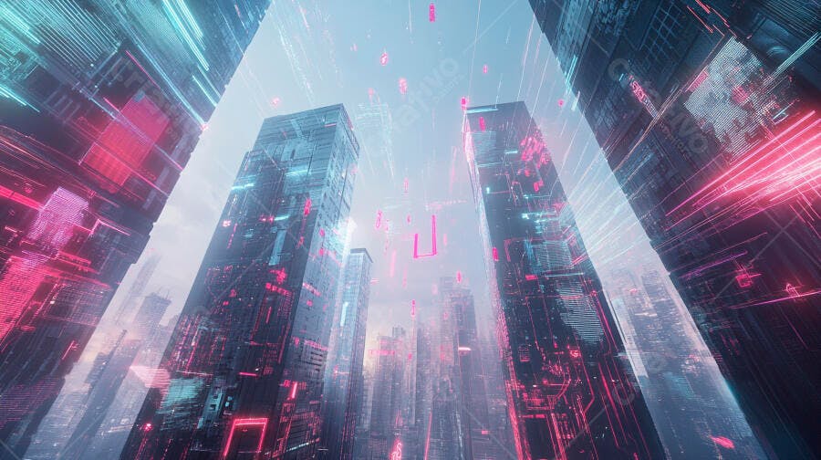 Cidade futurista com arranha-céus e luzes neon rosa e azul ciano