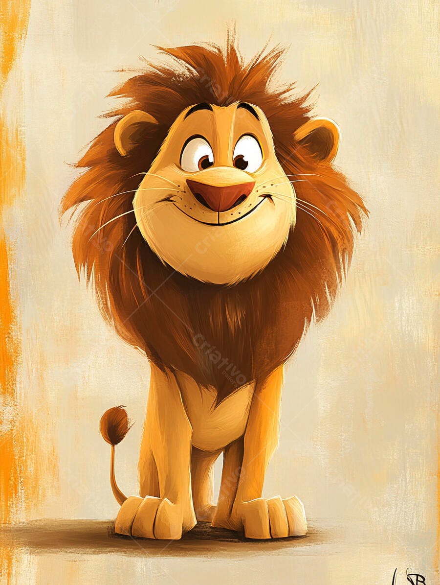Leão cartoon feliz sorrindo com juba marrom em fundo claro