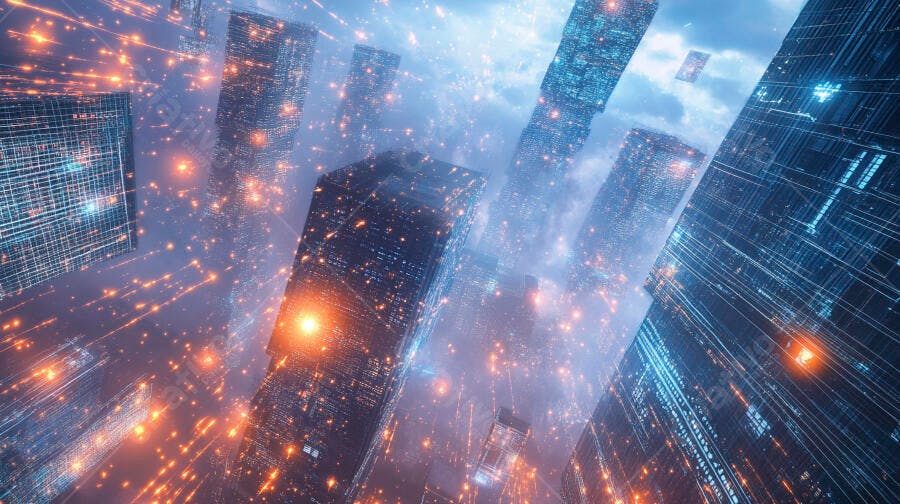 Cidade futurista digital com edifícios altos e fluxos de dados azuis e laranjas