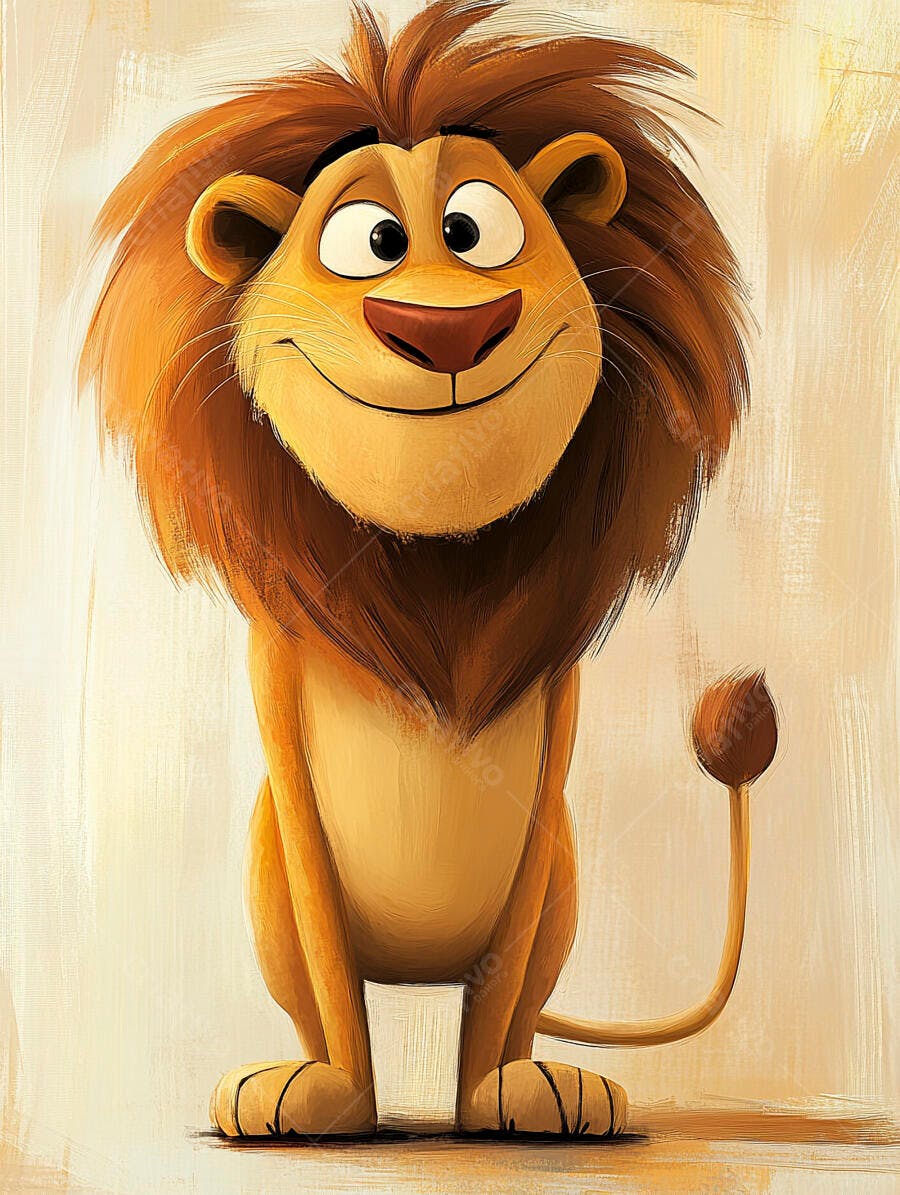 Leão cartoon feliz sorrindo com juba marrom em fundo artístico claro
