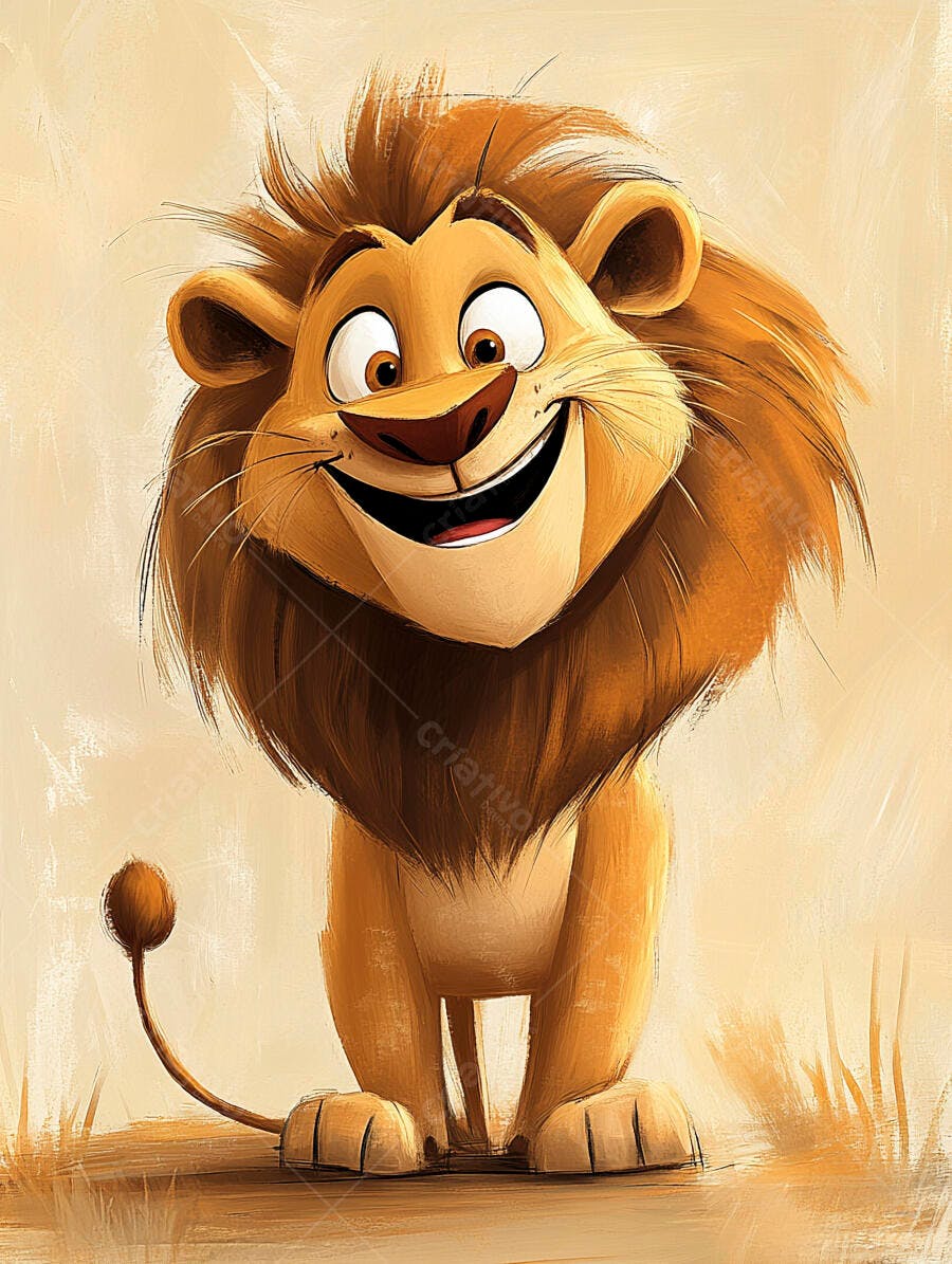 Leão de desenho animado feliz sorrindo com juba marrom vibrante