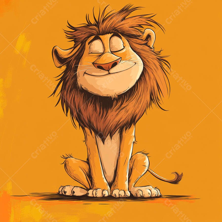 Leão cartoon feliz com juba volumosa e olhos fechados em fundo laranja
