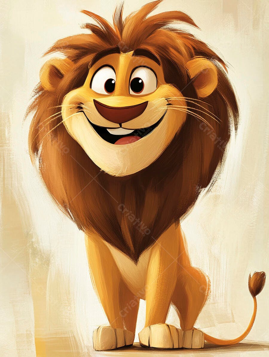 Leão de desenho animado marrom e laranja sorrindo amigavelmente