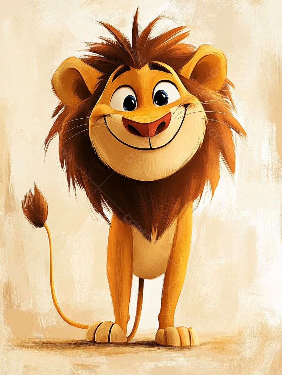 Leão de desenho animado sorridente com juba marrom e olhos azuis