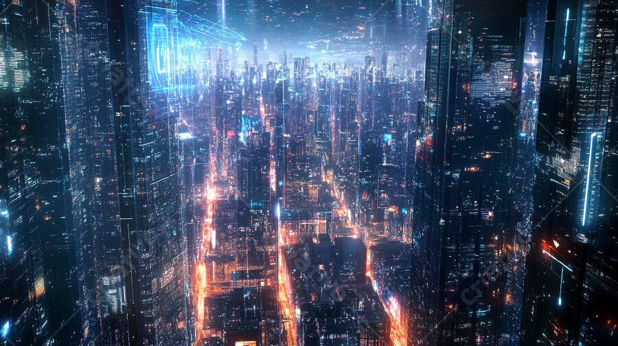 Cidade futurista noturna com luzes neon e dados digitais