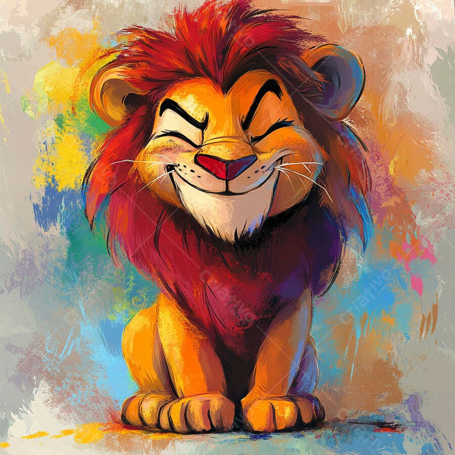 Leão sorridente com juba colorida em estilo desenho animado
