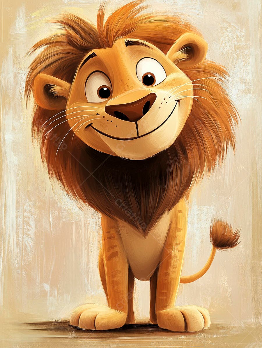 Leão cartoon feliz e sorridente com juba marrom em fundo bege claro