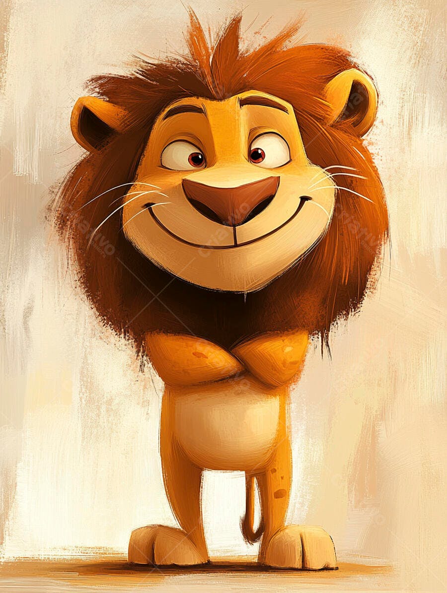 Leão de desenho animado sorrindo com braços cruzados cores quentes