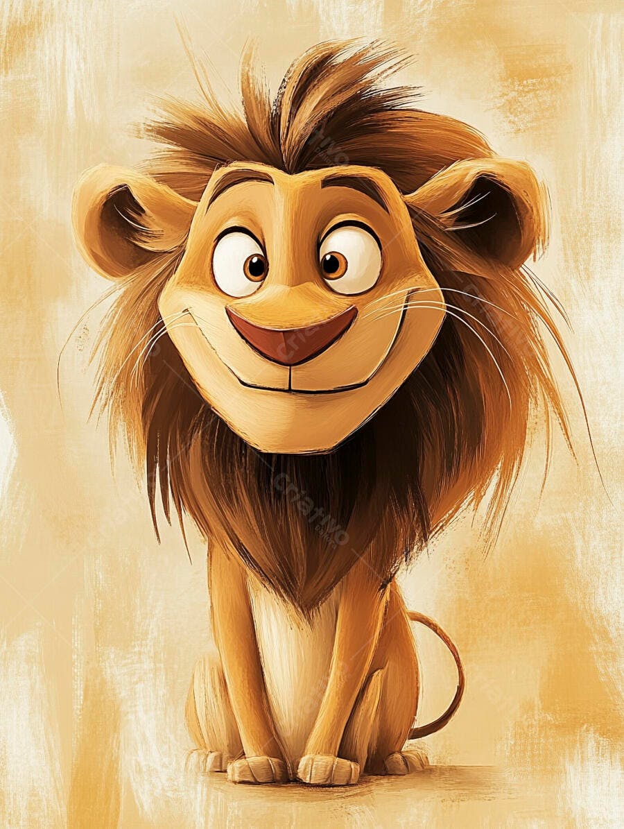 Leão filhote sorridente estilo desenho animado com juba marrom fofa e olhos grandes