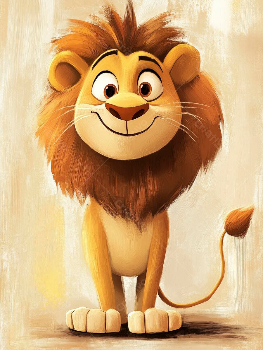 Leão cartoon feliz sorrindo em fundo pastel amarelo e laranja
