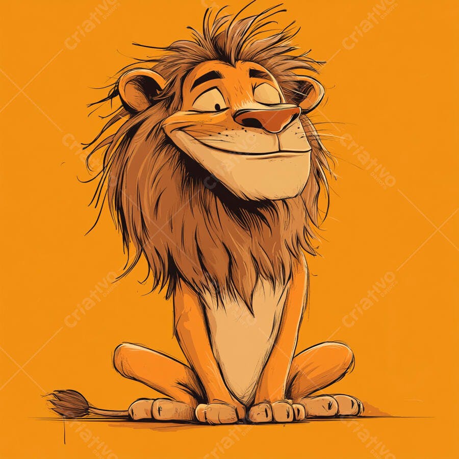 Leão de desenho animado feliz sentado sorrindo em fundo laranja vibrante