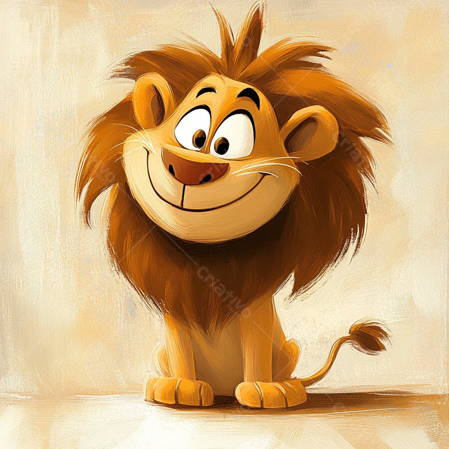 Leão de desenho animado fofo e feliz sentado com juba laranja sorrindo