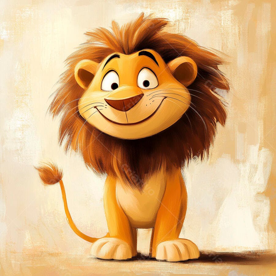 Leão sorridente desenho animado com juba marrom em fundo bege claro