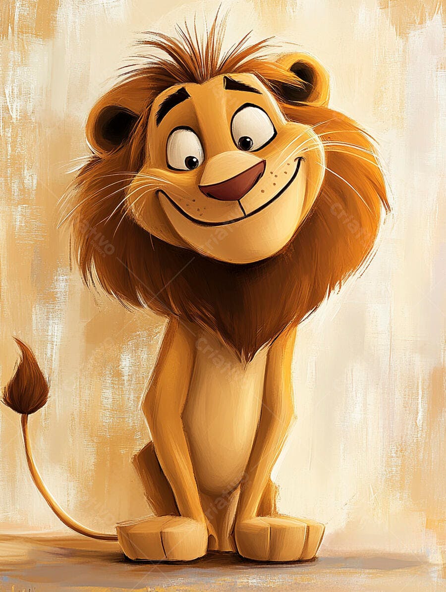 Leão de desenho animado sorridente e amigável em estilo infantil