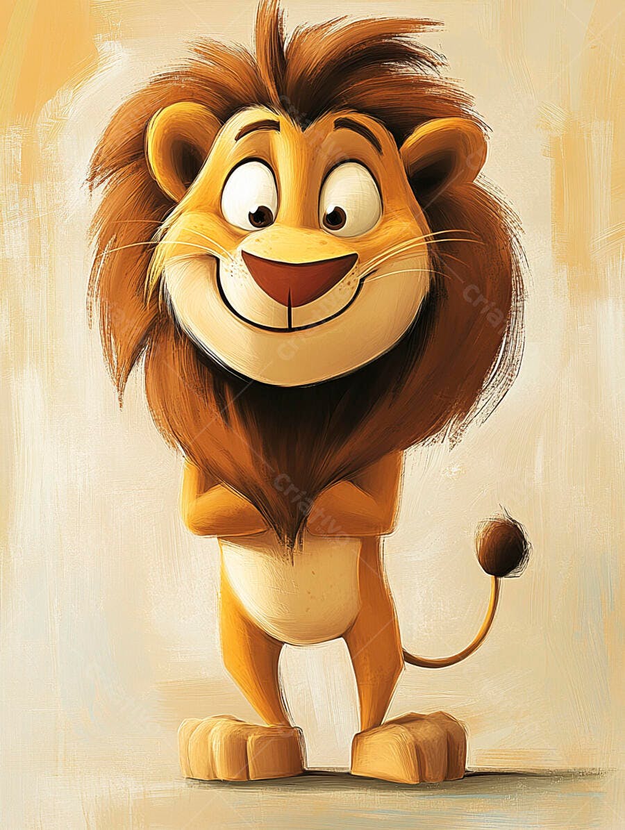 Leão desenho animado feliz sorrindo com patas cruzadas