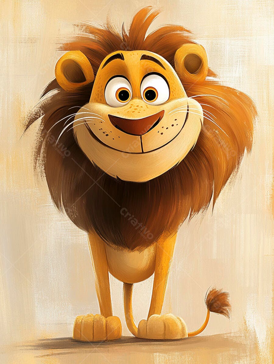 Leão feliz sorrindo desenho animado com juba volumosa marrom e amarela