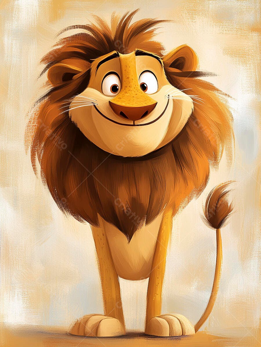 Leão de desenho animado sorrindo com juba laranja sobre fundo bege