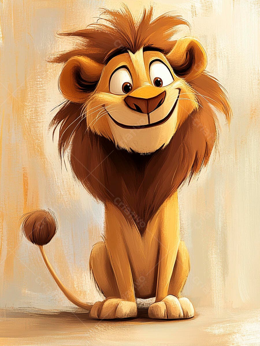 Leão desenho animado sorridente sentado em fundo claro