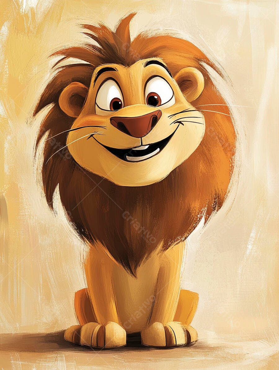Leão de desenho animado sorrindo feliz em tons de amarelo e marrom