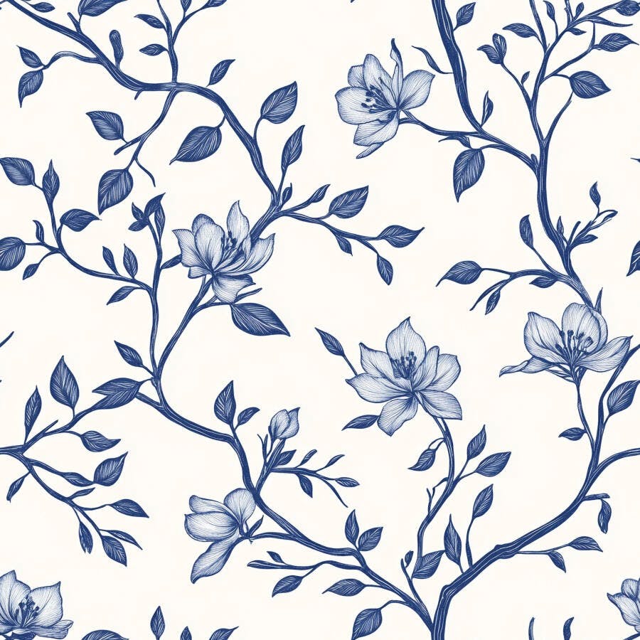 Padrão floral azul marinho e creme com galhos e flores ilustração elegante
