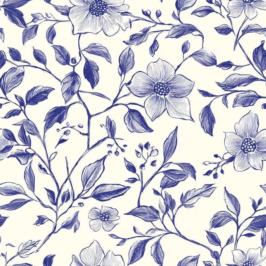 Padrão floral azul e creme com ilustrações detalhadas de flores e folhas vintage