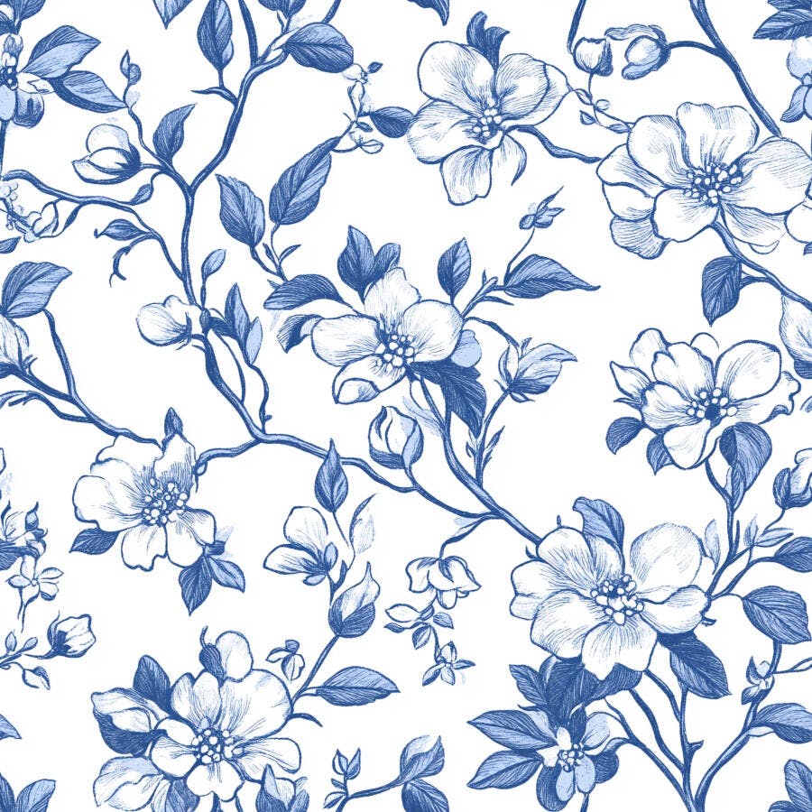Padrão floral azul e branco com galhos e flores delicadas desenhadas