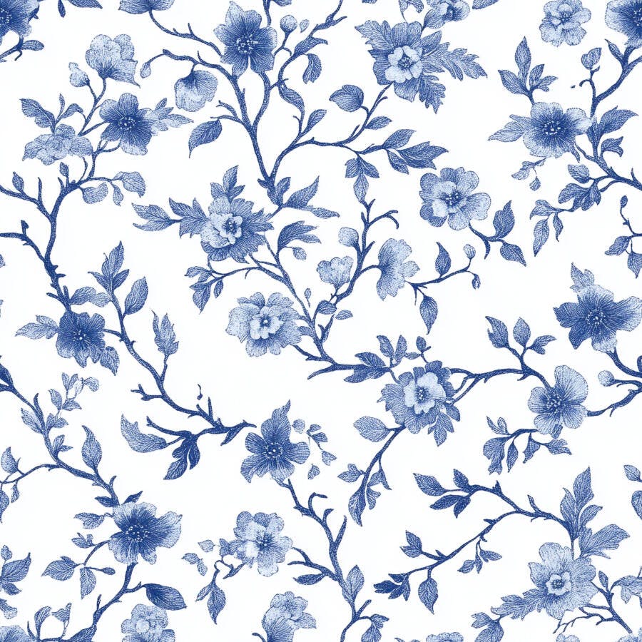 Padrão floral azul e branco vintage com flores em arabescos