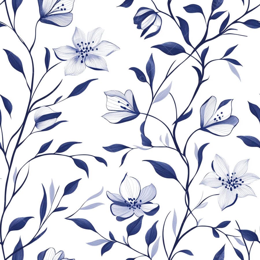 Padrão floral azul e branco sem emenda com flores e folhas desenhadas à mão
