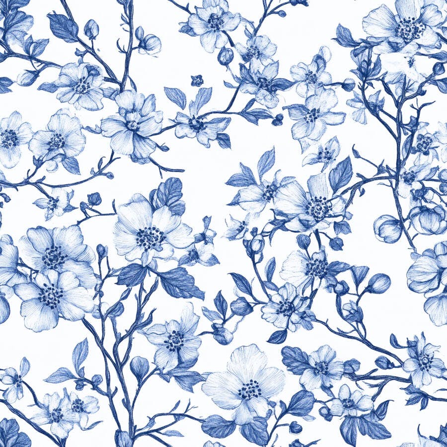 Padrão floral azul com flores e folhas desenhadas à mão em fundo branco