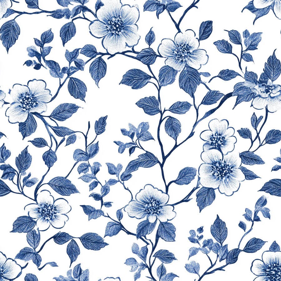 Padrão floral azul e branco com flores e folhas delicadas