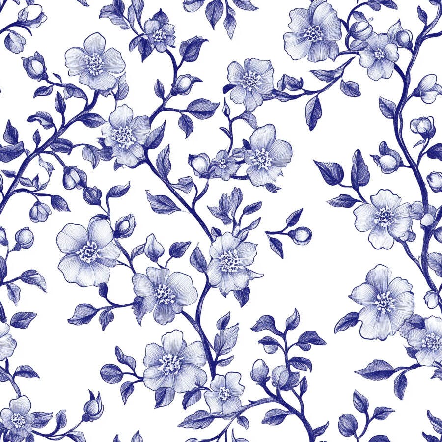 Padrão floral azul e branco com flores e ramos desenhados estilo chinês