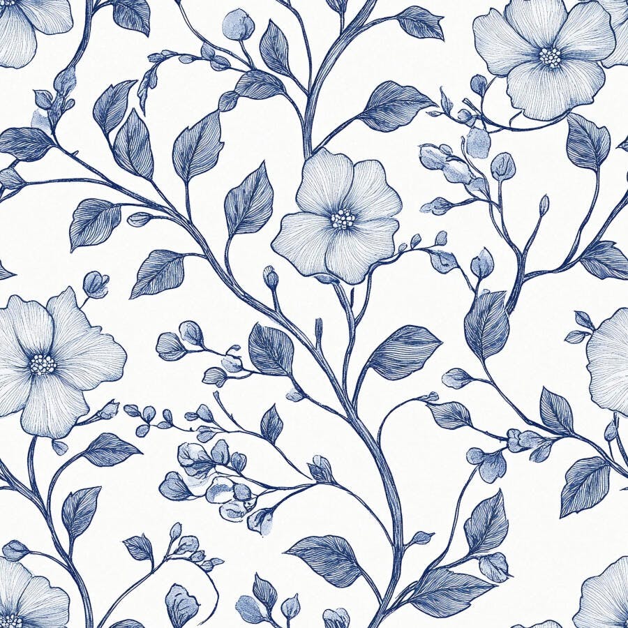 Padrão floral azul botânico com flores e folhas em fundo branco vintage