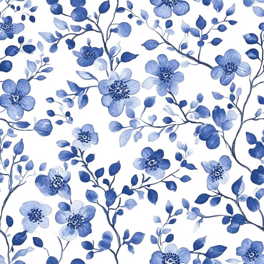 Padrão floral azul aquarela com flores e folhas em fundo branco