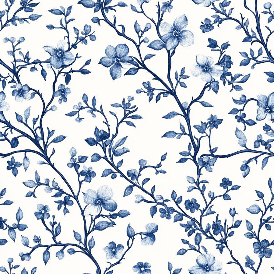 Padrão floral vintage azul e branco com ramos e flores desenhadas