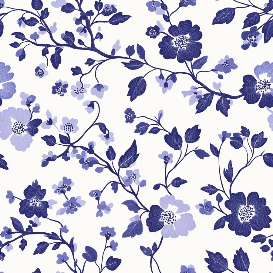 Padrão floral azul e branco com ramos e flores delicadas ilustrado